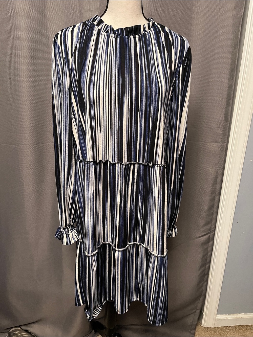 LuLaRoe Navy, White, and Black Striped Long-Sleeve Tiered Dress